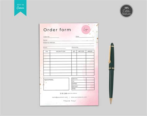 Invoice Form Order Form Template Editable Custom Order Form Small