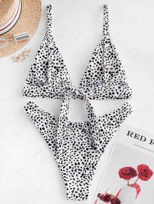 ZAFUL Dalmatian Print Knot High Leg Bikini Swimsuit In WHITE ZAFUL 2024