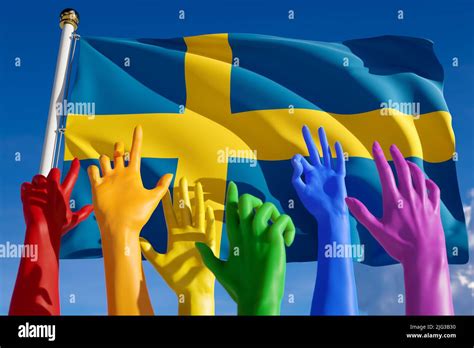 Rainbow Colored Hands From Lgbt Community Over Flag Of Sweden Swedish Gay Parade Concept Of