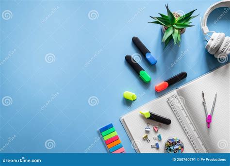 School Supplies Stationery On A Blue Background Copy Space Stock