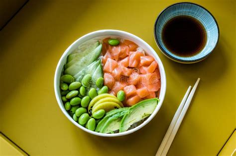 Hawaiian Poke Bowl with Salmon, Edamame, Takuan, Avocado, Cucumber ...