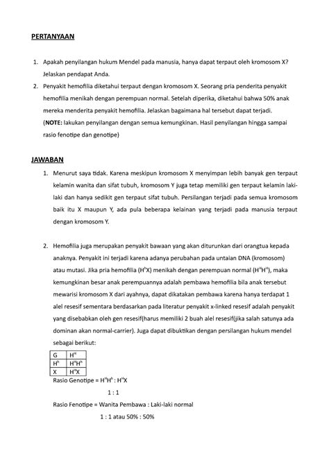 Tugas Genetika Sex Linked Pertanyaan Apakah Penyilangan Hukum
