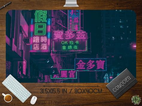 Dark Japanese Neon Desk Mat Tokyo City Night Mouse Pad Japan Anime Xl