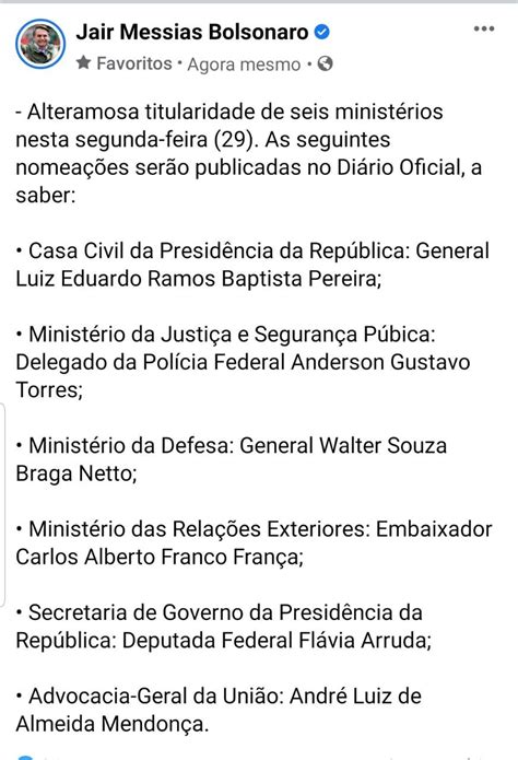 Urgente Bolsonaro Confirma Reforma Ministerial Com Seis Mudanças