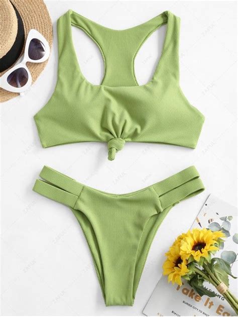 Off Zaful Knot Ribbed Racerback Bikini Swimsuit In Green