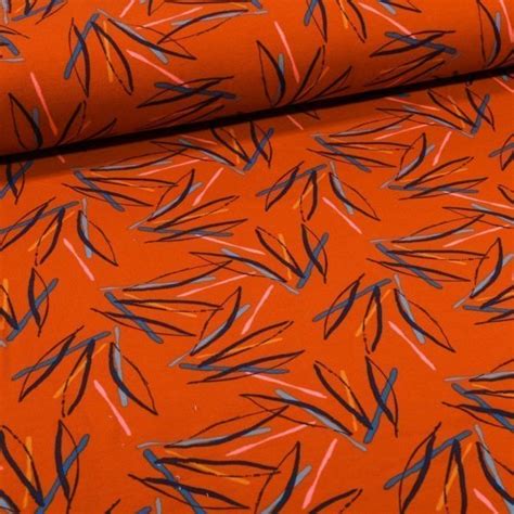 Tissu Jersey Coton Envers Gratt Feuilles Color Es Sur Fond Terracotta