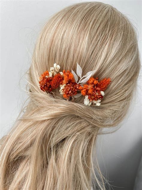 Burnt Orange Wedding Dried Flower Hair Pins Fall Autumn Etsy Flower