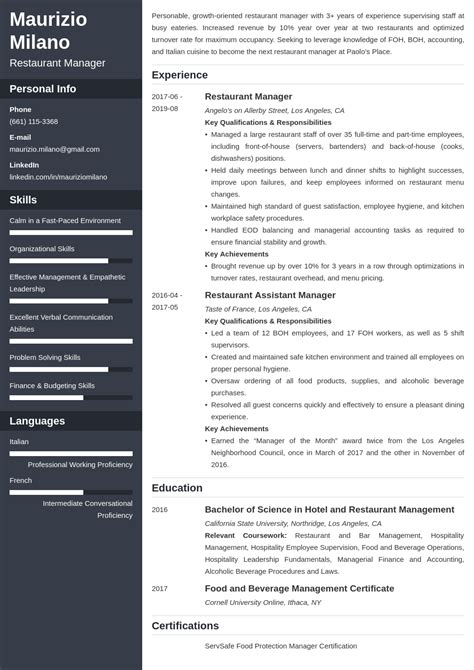 Restaurant Manager Resume Example Job Description And Skills