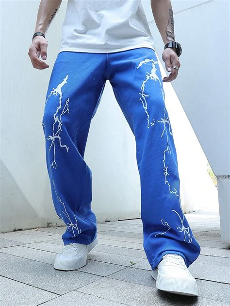 Manfinity Jeans De Pierna Ancha Con Estampado De Rayos Para Hombre