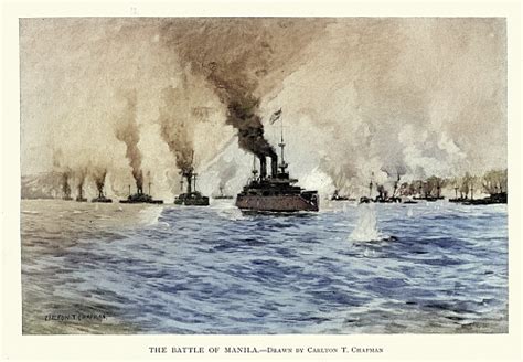 Us Navy Warships Attacking The Spanish Fleet Battle Of Manila Bay ...