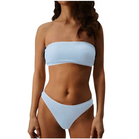 WXLWZYWL Two Piece Bandeau Swimsuit Ribbed Strapless Tube Bikini Top With Mid Waist Cheeky