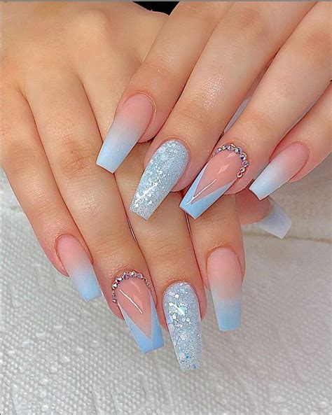 Classy Acrylic Coffin Nails Design Light Blue Glitter Coffin Nails