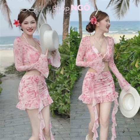 Set thời trang nữ đi biển đồ bơi BIKINI VOAN HOA áo bra có mút chân váy bèo tua rua đính hoa KÈM