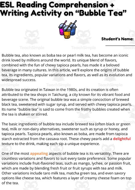 Esl Reading Comprehension Writing Activity Worksheets On Bubble Tea