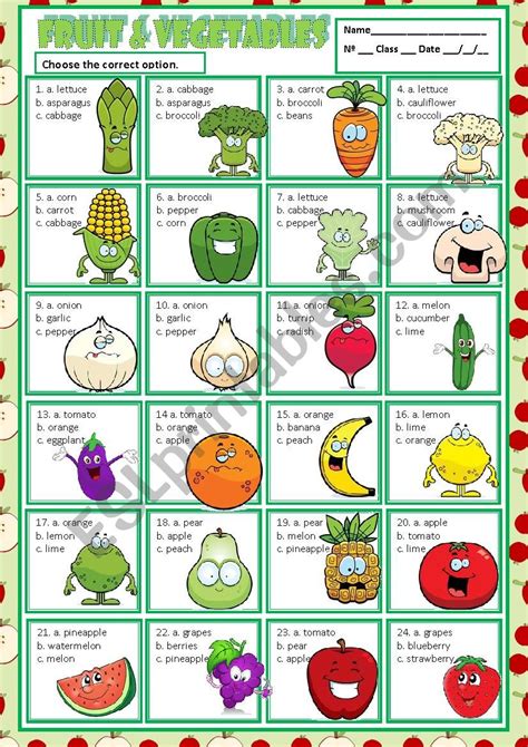 FRUIT VEGETABLES MULTIPLE CHOICE ESL Worksheet By Macomabi