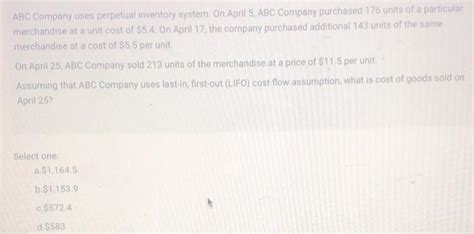 Solved Abc Company Uses Perpetual Inventory System On April Chegg