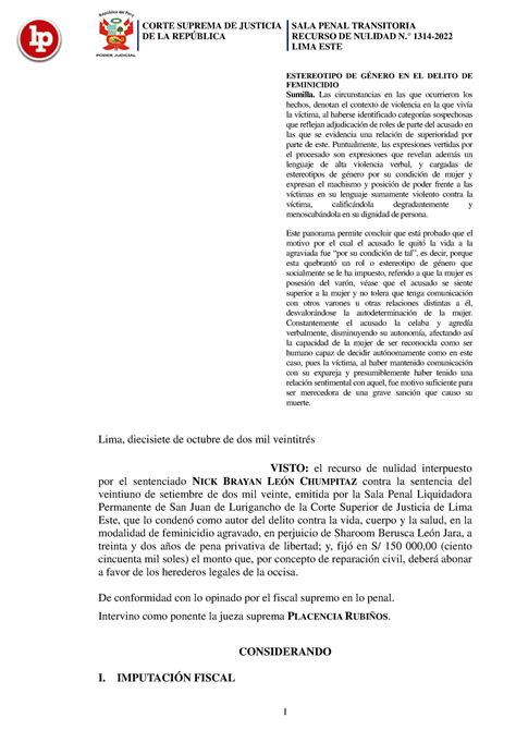 Recurso De Nulidad 1314 2022 Lima Este Lpderecho De La RepÚblica