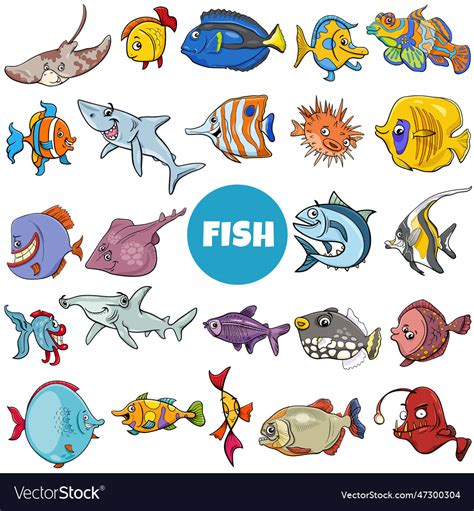 Cartoon fish marine animal characters big set Vector Image