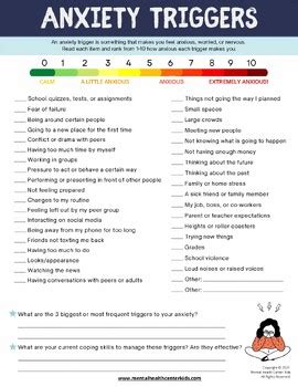 Anxiety Triggers Fillable Worksheet Teens School Counseling Worry