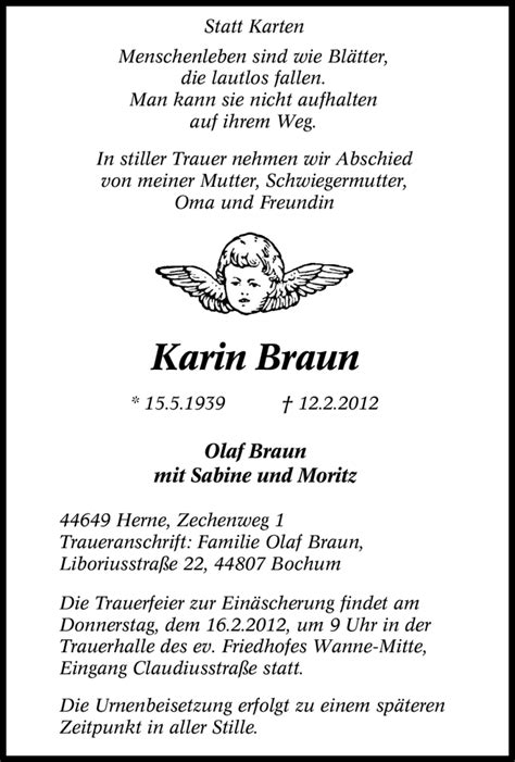 Traueranzeigen Von Karin Braun Trauer In Nrw De