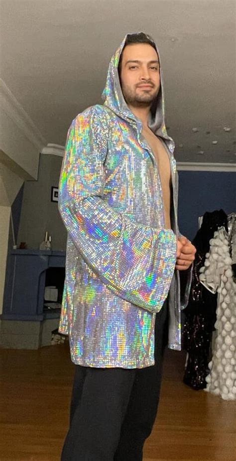 Unisex Holographic Sequin Kimono Rave Outfit Iridescent Sparkle Jacket