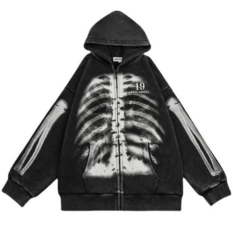 Y2k Grunge Skull Skeleton Print Fleece Punk Gothic Zipper Hoodies