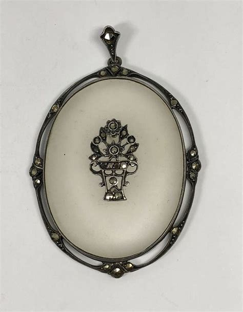 Victorian Sterling Silver Marcasite Frosted Cameo Glass Pendant C