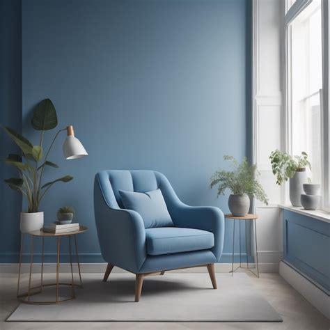 Premium Photo | Gray armchair in blue living room with copy space