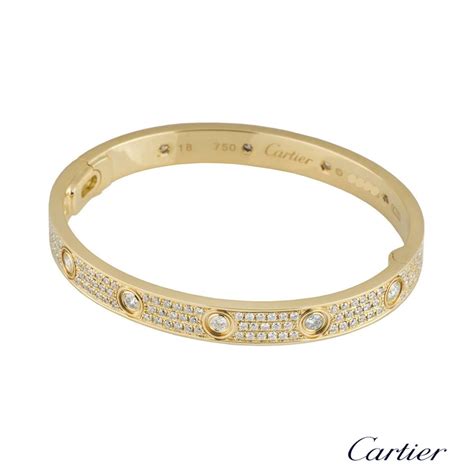 Cartier Yellow Gold Pave Diamond Love Bracelet Size 18 Rich Diamonds