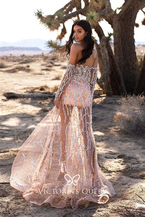 Unique Sequinned Sheer Nude Tulle Long Sleeve Prom Gown VQ