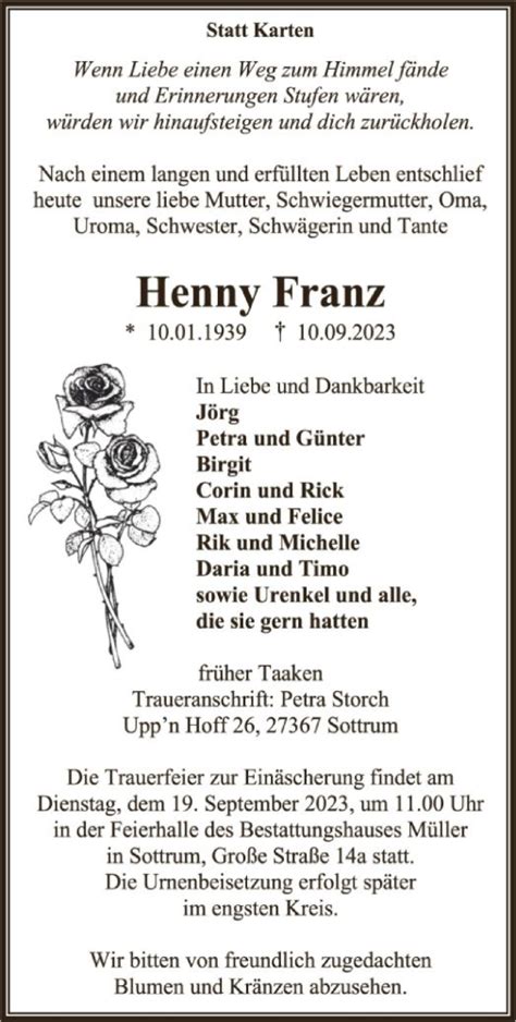 Traueranzeigen Von Henny Franz Trauer Kreiszeitung De