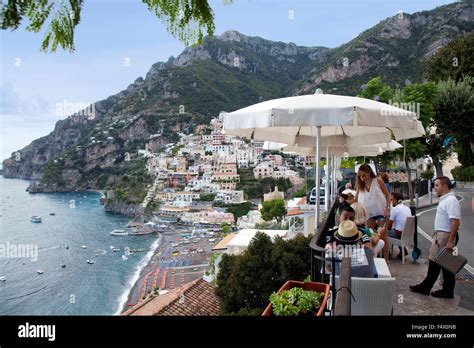 Street Cafe With View Overlooking Positano Amalfi Coast Italy With