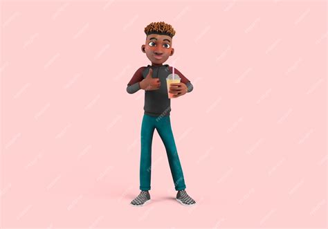 Ilustração 3d Da Pose De Personagem Masculino Segurando Bebida E Mostrando Os Polegares Para