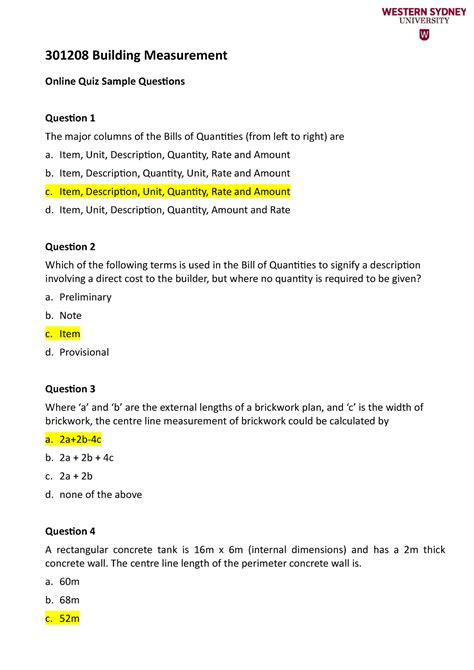 Online Quiz Sample Questions With Answers Building Measurement