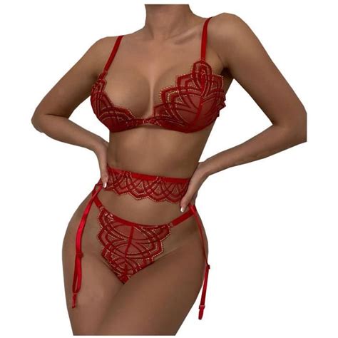 Mode Femme Sexy Lingerie Dentelle Rouge Jarreti Re Trois Pi Ces Bikini