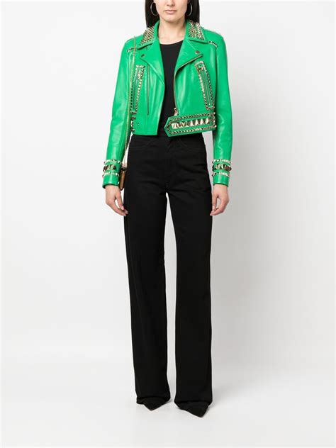 Philipp Plein Gothic Plein Cropped Leather Jacket Green Farfetch