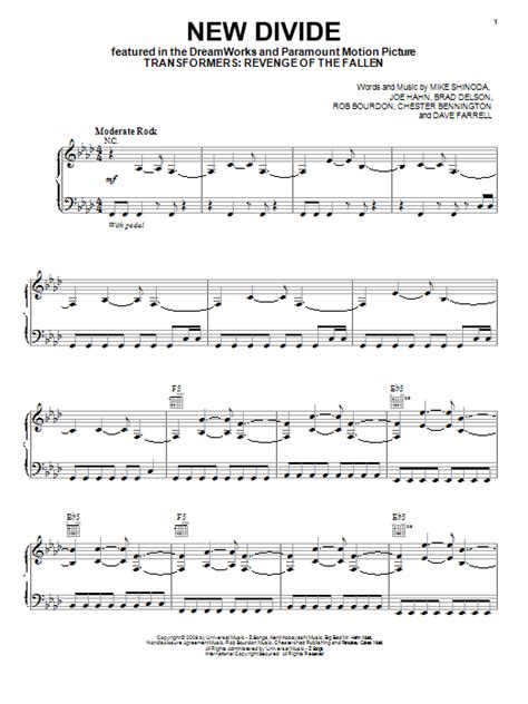 New Divide By Linkin Park Sheet Music For Piano Vocal And Guitar Chords