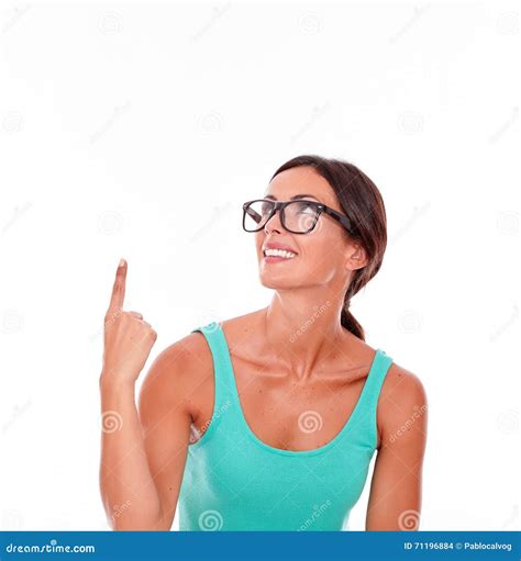 Pointing Brunette Woman With Green Tank Top Stock Photo Image Of