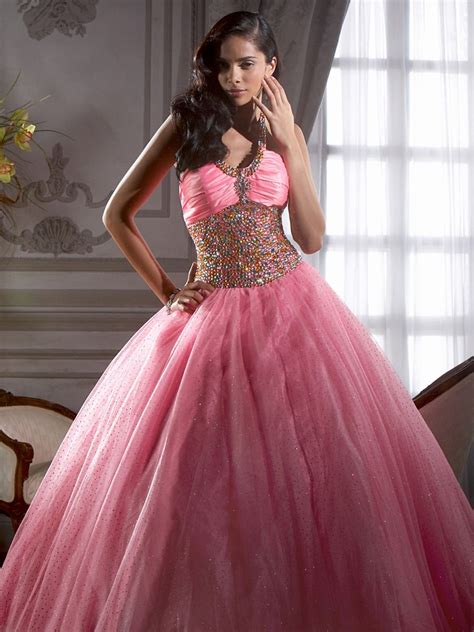 Pink Tulle Ball Gown Silhouette Halter Beaded Embellishment Quinceanera