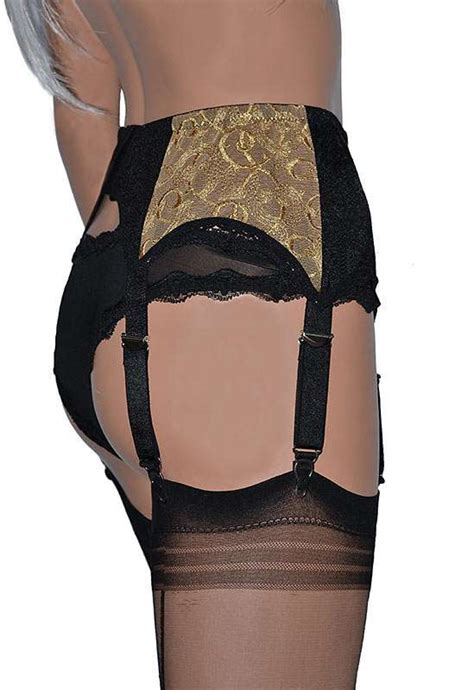 Luxury 6 Strap Suspender Belt In Black With Gold Lace