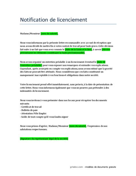 Lettre De Licenciement Pour Faute Grave DOC PDF Page 1 Sur 1