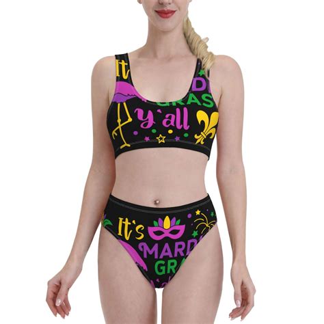 Fotbe Women S Mardi Gras With Flamingo Print Bikini High Waisted