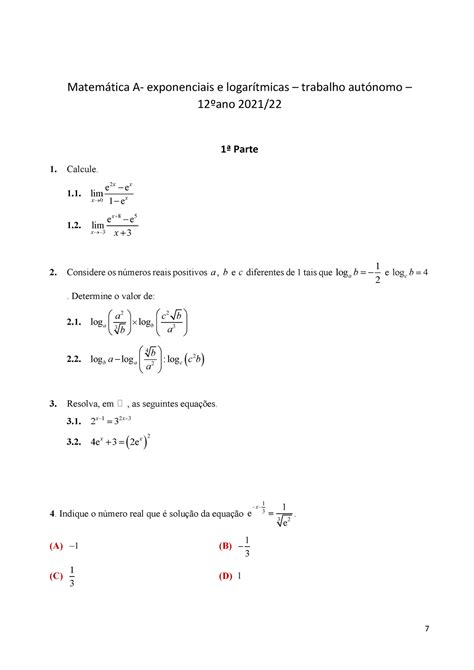 Ficha Formativa 12º Ano Exponenciais E Logaritmícas 7 Matemática A