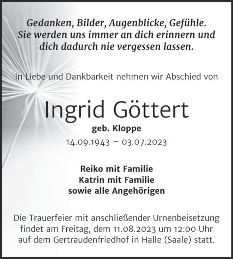 Traueranzeigen von Ingrid Göttert abschied nehmen de