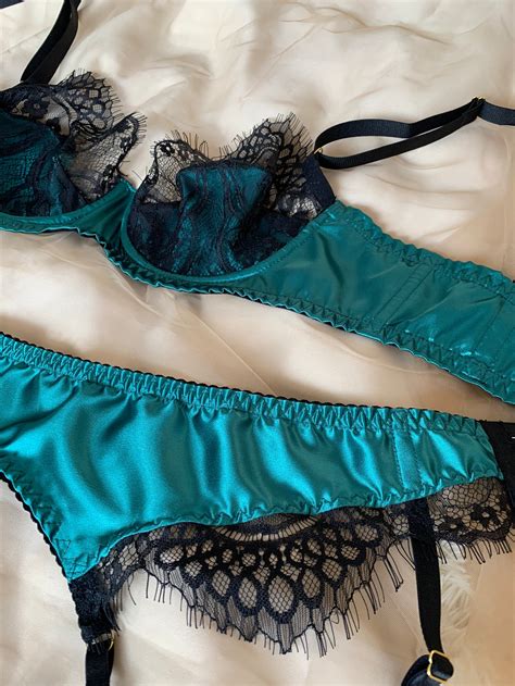 Green Lingerie Set Lace Lingerie Set Silk Bra Emerald Etsy