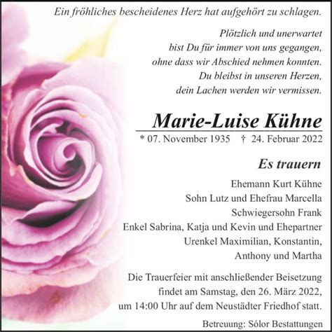 Traueranzeigen Von Marie Luise K Hne Abschied Nehmen De