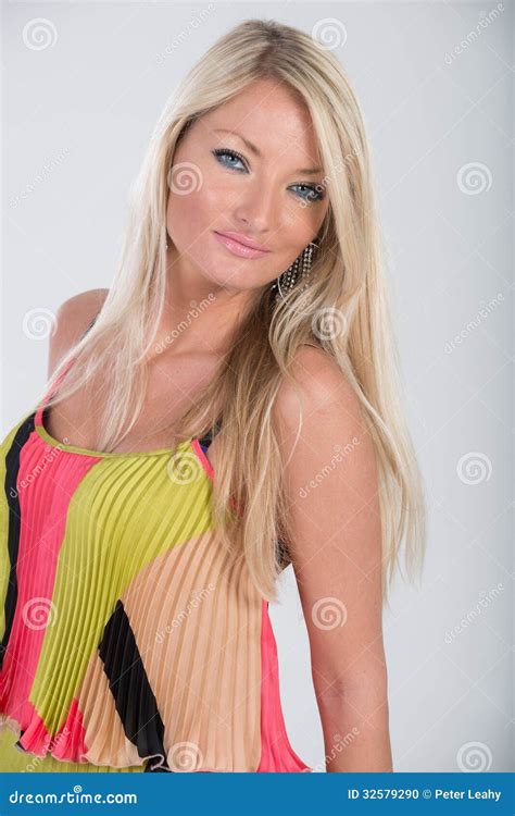 Blonde Haired Model In Multi Colored Dress Stock Photo Image Of