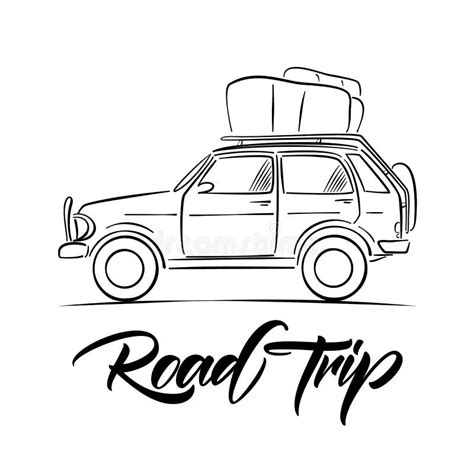 Vector Illustration Hand Drawn Emblem With Travel Car And Handwritten