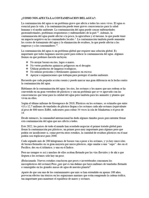 Como Nos Afecta La Contaminacion Del Agua Pdf Agua La