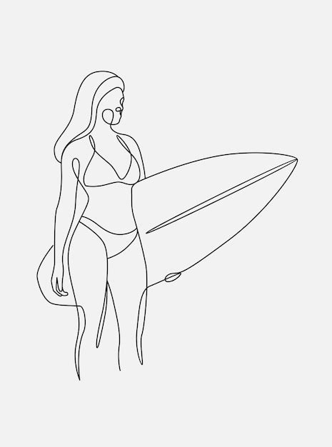 Sch Ne Frau Beim Surfen Im Sommer Im Femininen Line Art Stil Premium